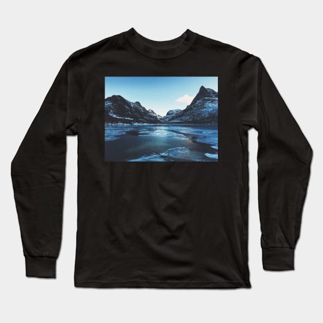 Innerdalen Lake and Mountain Range on Freezing Cold Winter Day (Norway) Long Sleeve T-Shirt by visualspectrum
